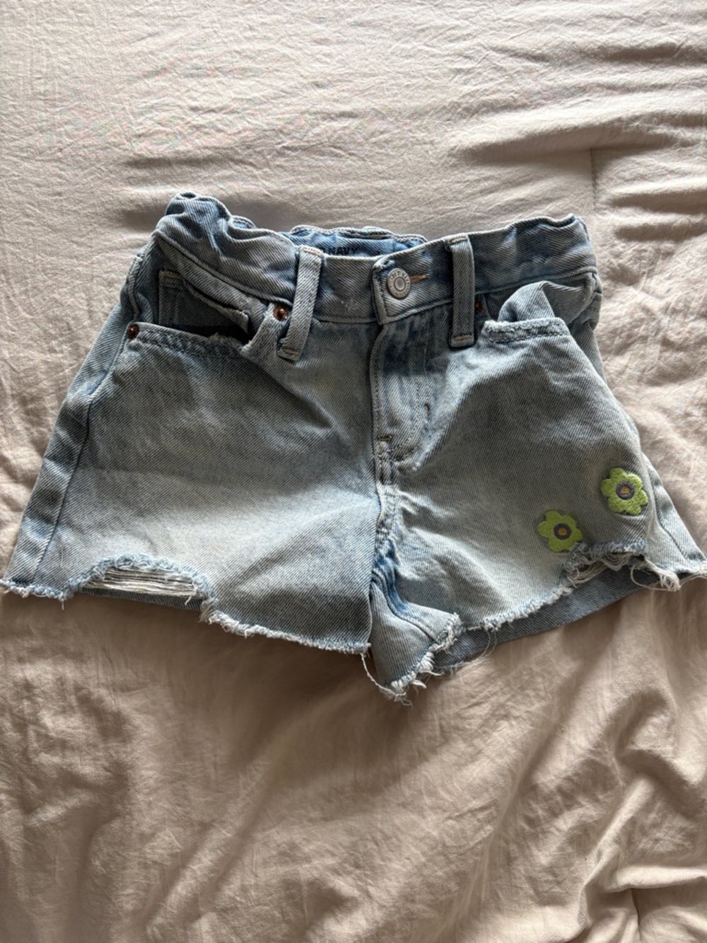 Old Navy Light Blue Denim Kids Shorts with Green Flower Accent